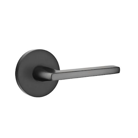 Emtek Helios Lever Left Hand 2-3/8in Backset Privacy, Disk Rose for 1-1/4in to 2in Door Flat Black 5209HLOUS19LH